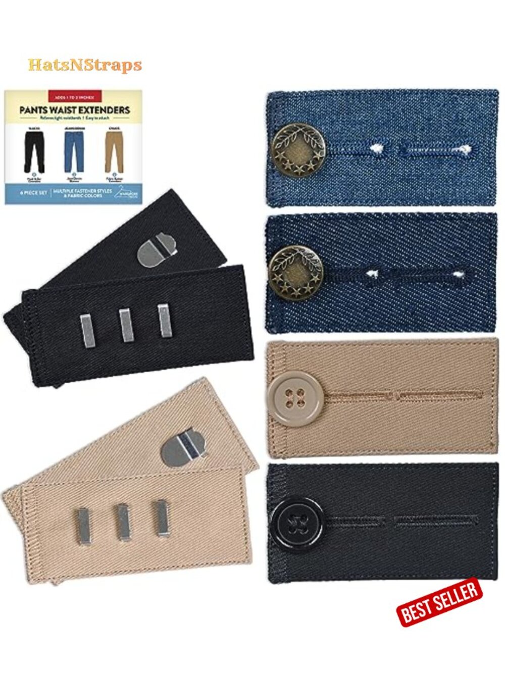 Fabric Waistband Extenders for Jeans & Slacks No Sewing 6 Piece Set